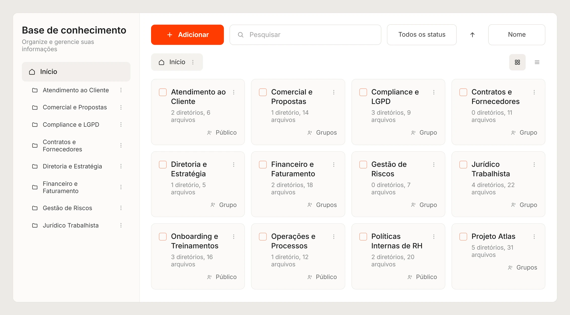 Tela da base de conhecimento da plataforma Vease com diretórios organizados por área, como Compliance e LGPD e Jurídico Trabalhista, e acesso público ou por grupos